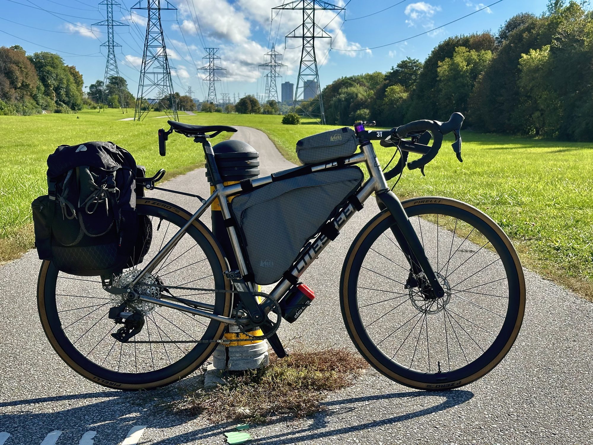 My Litespeed Flint, loaded with a frame bag, top tube bag, and the rear rack and panniers that replaced the handlebar bag
