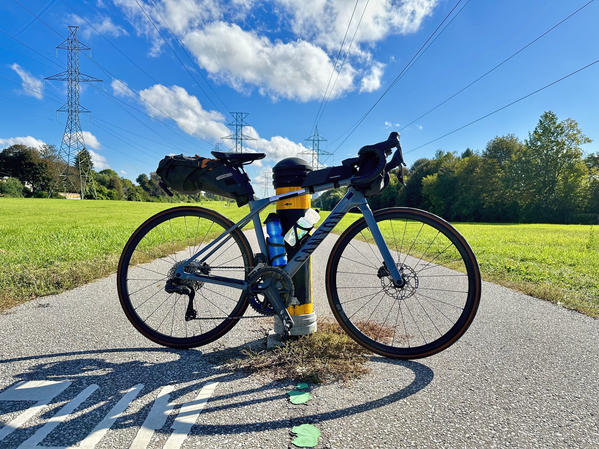 Jody’s Canyon Endurace, loaded with a tail bag, top tube bag, handlebar bag, and both of our water bottles