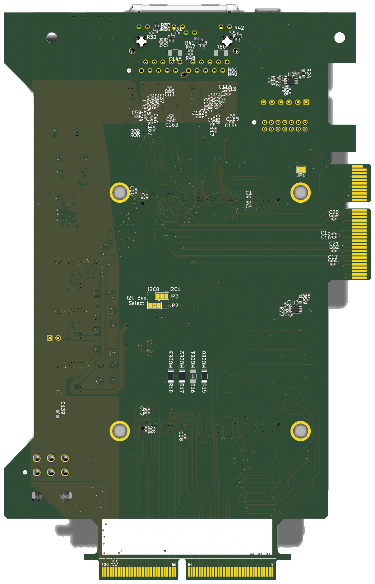 Back of the KrIO carrier board, showing the second row of card-edge contacts and the rear-side passives.