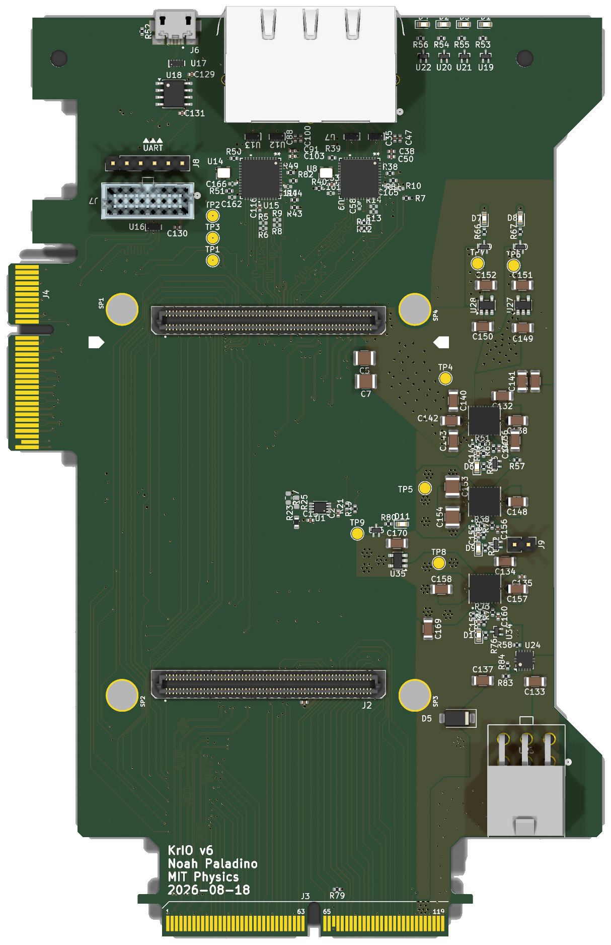Front of the KrIO carrier board: the K26 sockets in the middle, Ethernet and debug headers at the top, the PCI Express card edge on the left, and the front-end card edge along the bottom.
