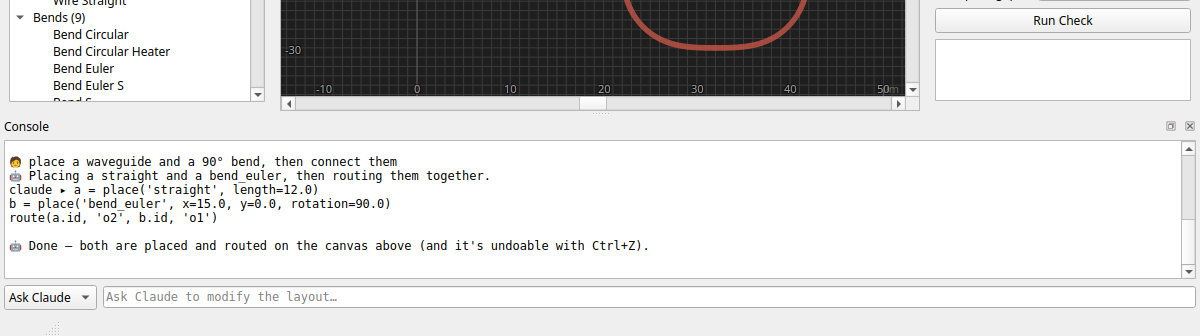 The Console in "Ask Claude" mode: a plain-English request, the Python Claude ran through the console (prefixed "claude ▸"), and its reply, with the result on the canvas above