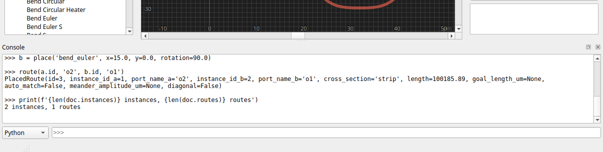 The scripting console placing and routing components against the live session