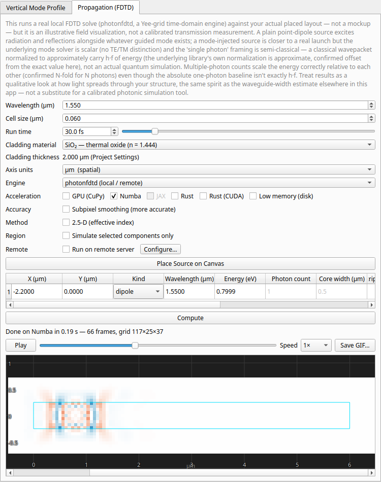 An FDTD propagation snapshot: a pulse mid-flight along a waveguide, with playback controls