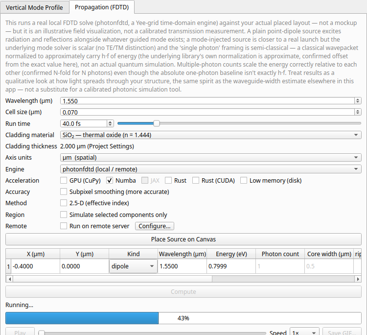 FDTD propagation tab mid-run: the progress bar partway to complete, below the run controls and the "Run on remote server" row