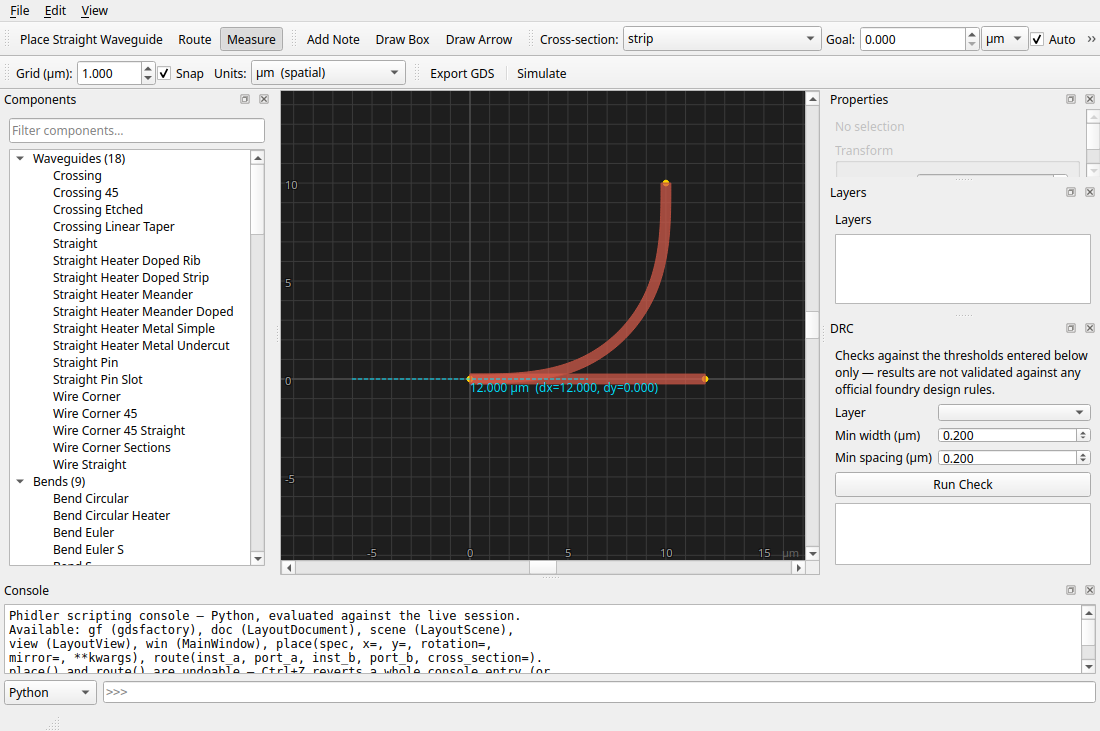 The measure tool showing the distance between two ports with an on-canvas dimension line