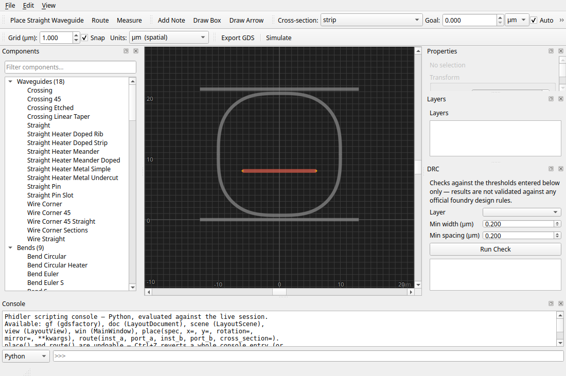 A new waveguide drawn over a dimmed reference-GDS backdrop