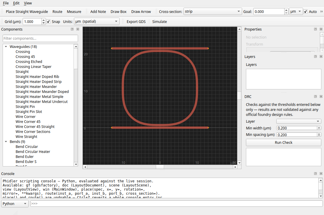 A clean add–drop ring resonator laid out on the canvas